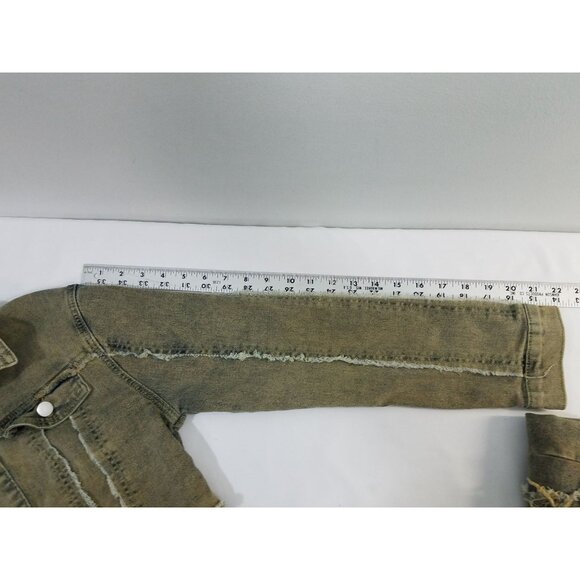 Y2K Denim Jacket & Pants Set Size M Distressed Olive Green Raw Edges Cropped Jac - Picture 14 of 16